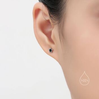 Tiny Black Enamel Star Barbell Earrings Sterling Silver, 7 of 10