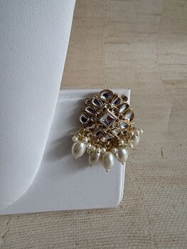 White Gold Kundan Pearl Set Necklace, Earrings And Tikka, 9 of 12