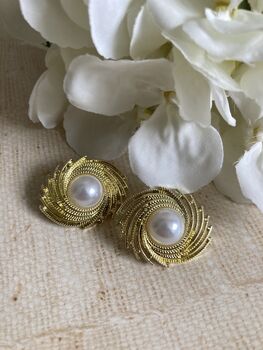 Gold Sunburst Pearl Stud Earrings, 5 of 6
