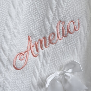 Personalised White Knitted Blanket With Bow, 2 of 8