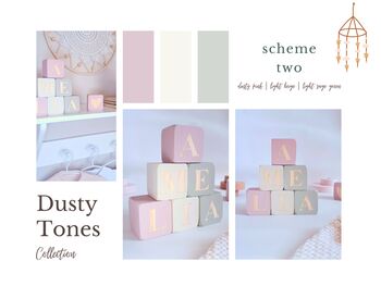 Personalised Wooden Letter Blocks, Nursery Shelf Name Sign, Terracotta, Sage Green, 6 of 12