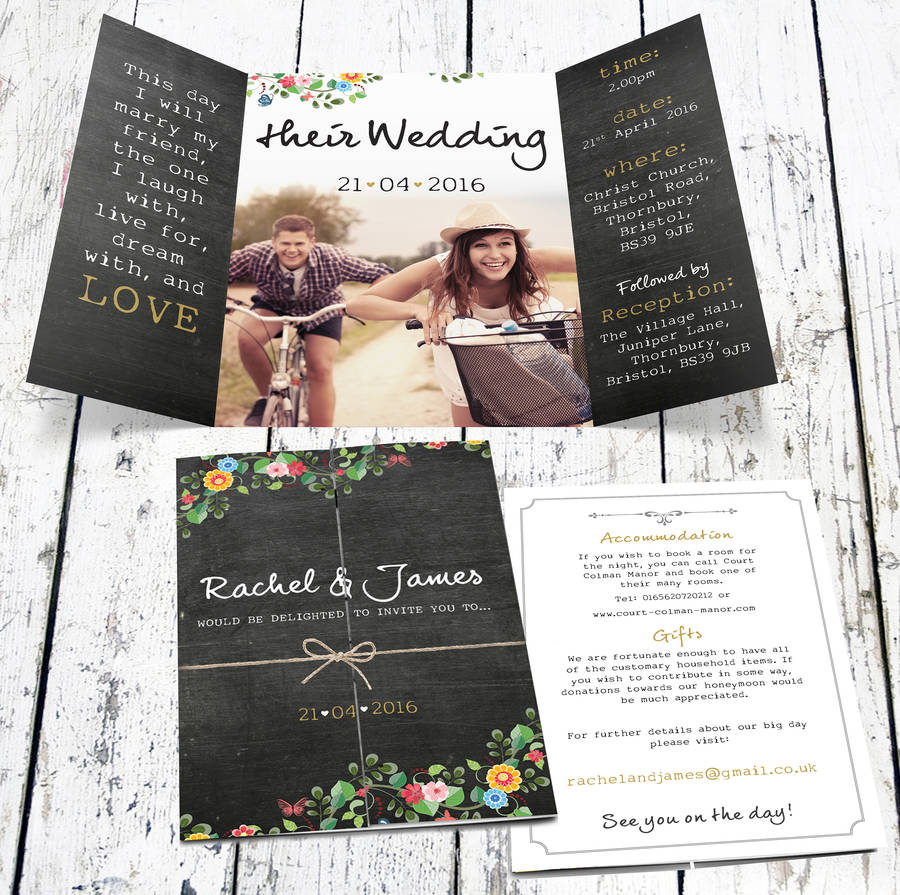 Bespoke Floral Chalkboard Wedding Invitation With Photo, 1 of 6