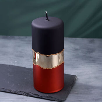 G Decor Midnight Mirror Glass Effect Limited Edition Hand Finished Pillar Candle – Matte Black, Deep Red And Mirror Gold Embellishment, 4 of 4
