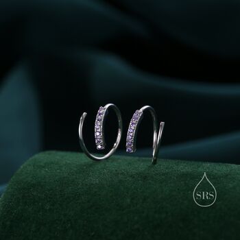 Sterling Silver Single Piercing Cz Spiral Hoop Earrings, 2 of 12