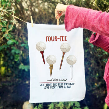 Personalised Four Tee Tea Towel 40th Birthday Gift For Golfers, 2 of 3