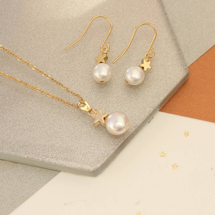 white pearl pendant and earrings set by bish bosh becca ...