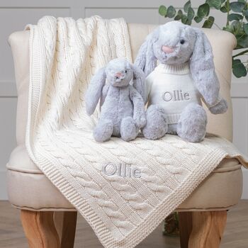 Personalised Blanket And Bashful Bunny In Grey/Cream, 4 of 7