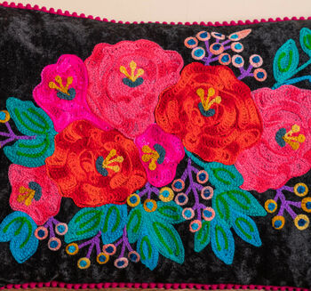 Black Floral Embroidered Cotton Velvet Cushion Cover, 4 of 7