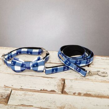 The Anglesey Blue Checked Nautical Dog Collar Bow Tie And Lead Set, 3 of 9