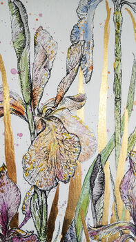 Watercolour Irises With Gold Leaf Painting, 2 of 3
