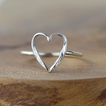 Silver Small Open Heart Textured Ring, 2 of 4