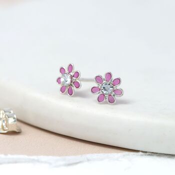 Tiny Sterling Silver Pink Flower Stud Earrings, 2 of 9