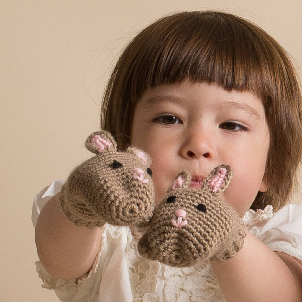 Hand Crochet Kids Bunny Mittens, 1 of 2