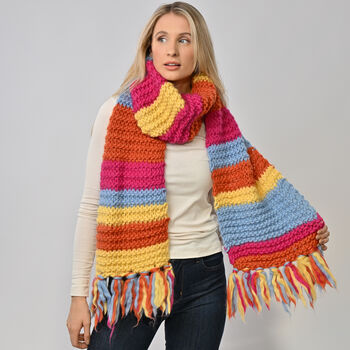 Bright Bold Rainbow Striped Scarf Knitting Kit, 2 of 6