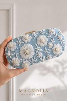 Coastal Blue | Light Blue Floral Embroidery Summer Clutch, 5 of 8