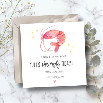 Pun Thank You Card, Teacher, Key Worker Appreciation Gift, Shrimply The Best, 2 of 3