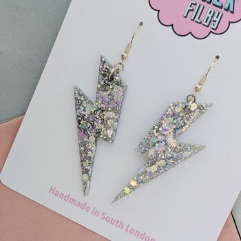 Silver Glitter Lightning Bolt Earrings Small And Large, 3 of 10