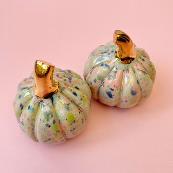 Handmade Ceramic Pumpkin With Gold Lustre Stem And Flecked Colourful Glaze, 2 of 3