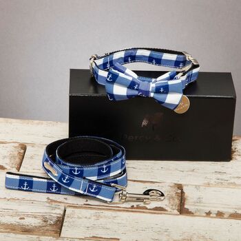 The Anglesey Blue Checked Nautical Dog Collar Bow Tie And Lead Set, 2 of 9