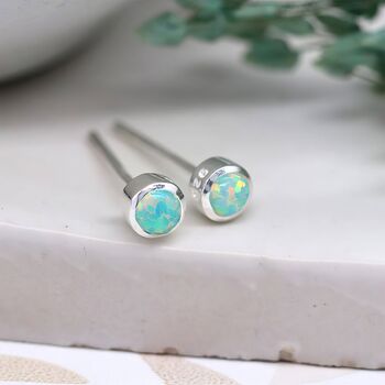 Tiny Green Fire Opal Stud Earrings In Sterling Silver, 2 of 11