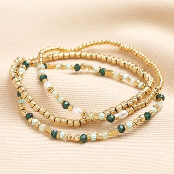 Set Of Three Stainless Steel Layered Beaded Bracelets In Gold, 2 of 7