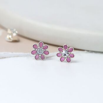 Tiny Sterling Silver Pink Flower Stud Earrings, 2 of 10