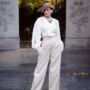 Tailored Audrey Trousers In Navy Stripe Vintage Style, thumbnail 2 of 2