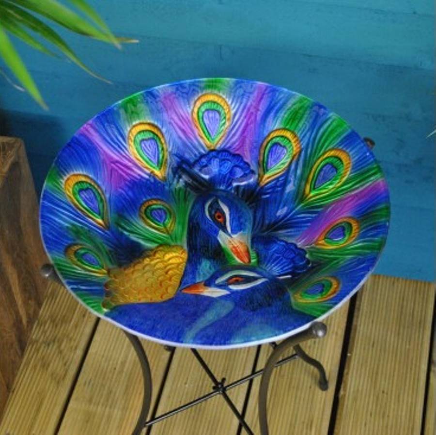 glass peacock bird bath by garden selections