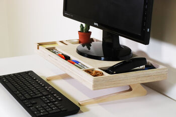 Birch Ply Desktop Screen Stand With Inbuilt Desk Tidy, 6 of 11