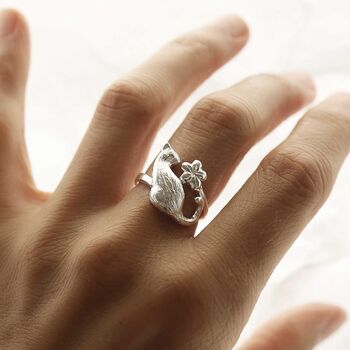 Sterling Silver Cat And Flower Adjustable Ring, 2 of 6
