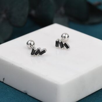 Sterling Silver Triple Black Baguette Cz Screw Back Earrings, 3 of 12