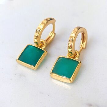 The Square Green Onyx Gold Plated Gemstone Earrings, 3 of 5