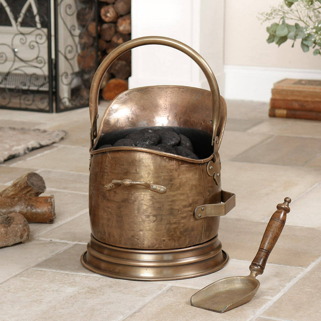 Footed Brass Fireside Coal Scuttle With Shovel By Dibor