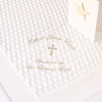 White Christening Block Baby Blanket With Gothic Cross, 2 of 9