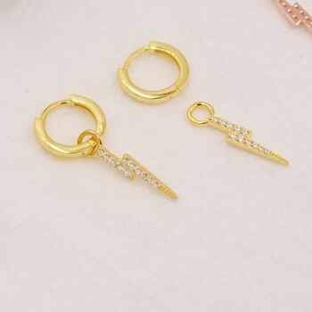 Sterling Silver Lightning Bolt Charm Huggie Hoop Earrings, 3 of 11