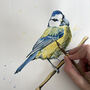 Inky Blue Tit Eco Wooden Pin Brooch, thumbnail 6 of 6