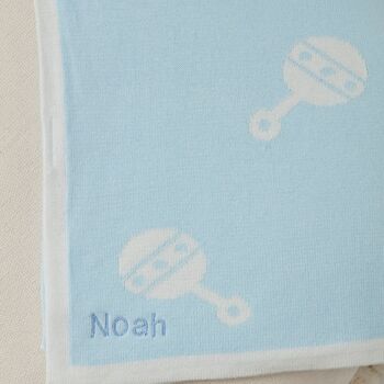 Reversible Blue Rattle Print Cotton Baby Blanket, 2 of 2
