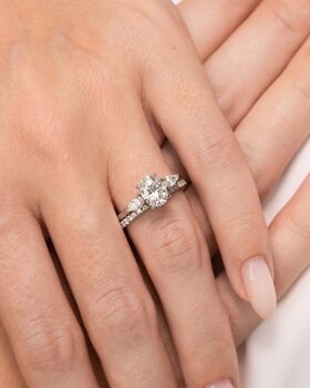 Two Ct Oval Moissanite Three Stone Engagement Ring, 6 of 10