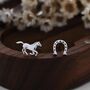 Tiny Mismatched Running Horse And Horseshoe Stud Earrings In Sterling Silver, thumbnail 1 of 12