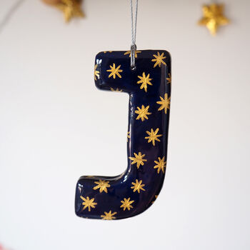 Personalised Handmade Navy And Gold Star Clay Hanging Letter, 3 of 4