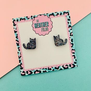 Black Glitter Cat Stud Earrings, 2 of 2