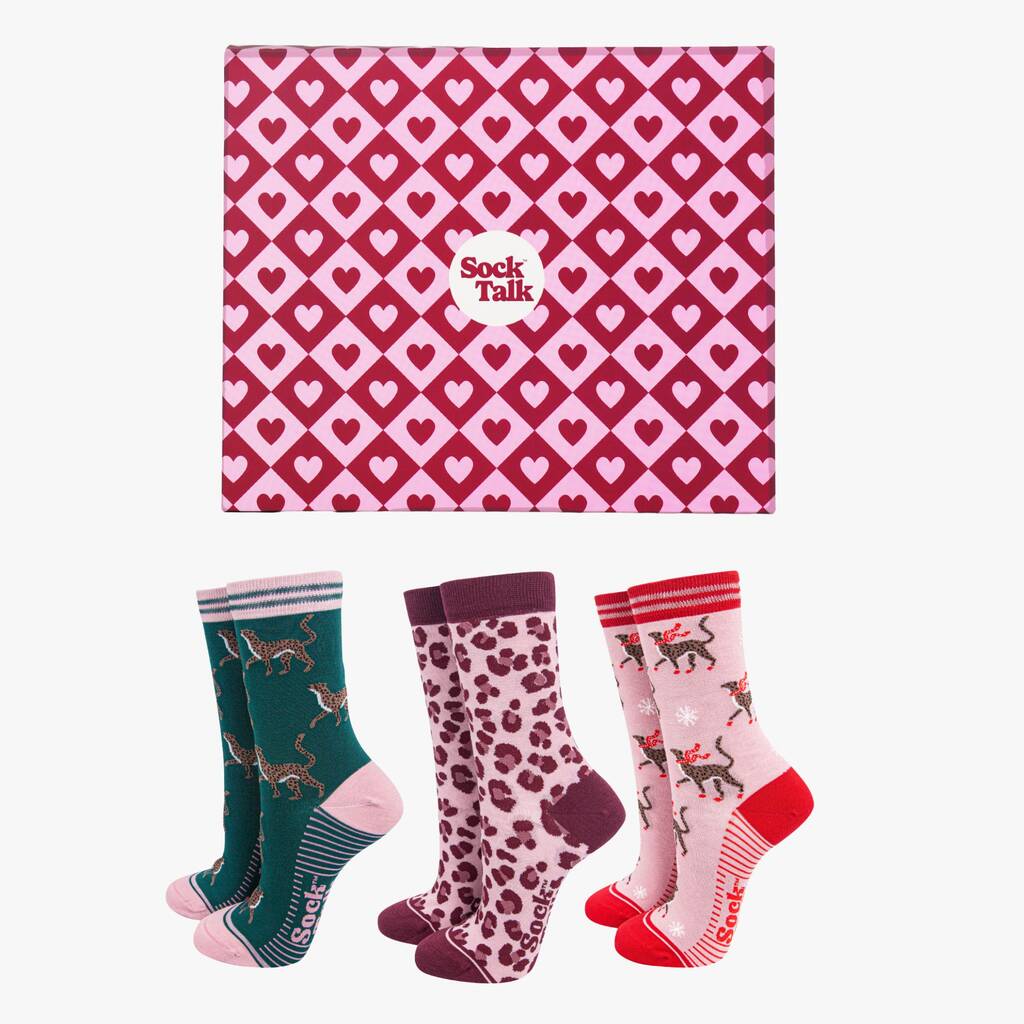Cheetah Leopard Bamboo Socks Gift Box Women's Pink, 1 of 4