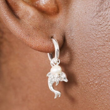 Stainless Steel Dolphin Charm Hoop Earrings, 2 of 7