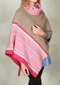 Soft Handmade Fair Isle Knitted Poncho Pink Natural, 7 of 12
