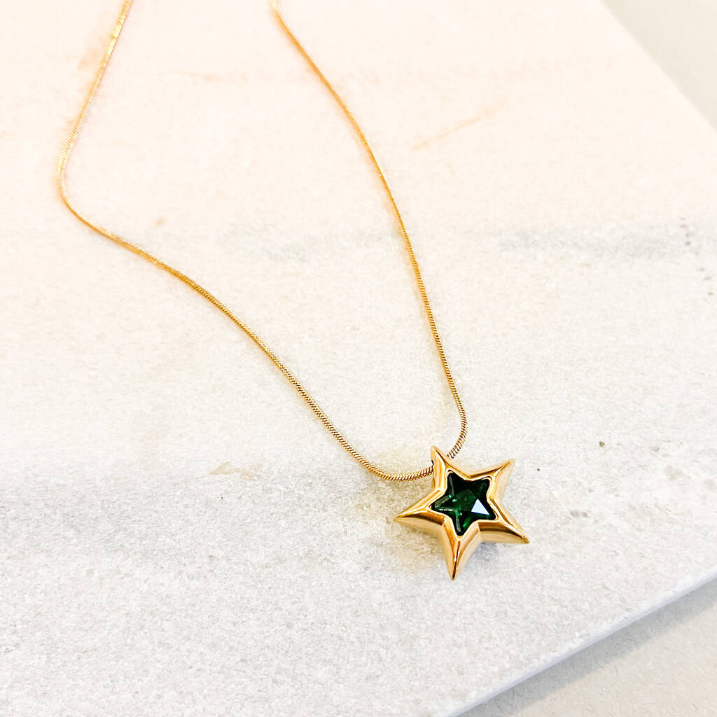 Chunky Star Pendant Necklace With Emerald Green Stone, 1 of 1
