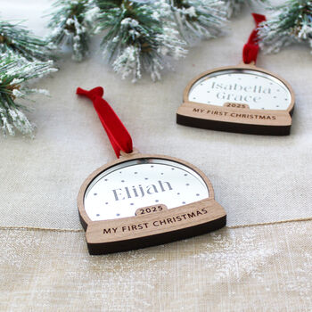 My First Christmas Personalised Name Snow Globe Style Bauble, 6 of 7