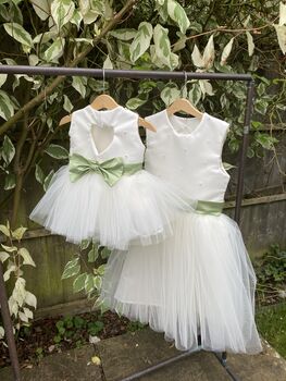Duchess Satin Flower Girl Dress – Pearl Heart Back And Tulle Skirt Handmade UK, 3 of 8
