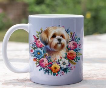 Personalised Shorthaired Lhasa Apso Summer Floral Dog Wreath Cushion And Mug Gift Bundle, 2 of 4