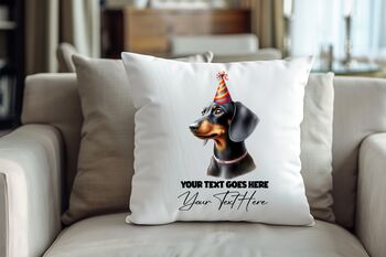 Personalised Black And Tan Dachshund Birthday Party Cushion, 2 of 2