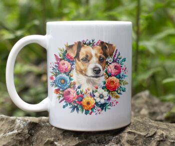 Personalised Jack Russell Terrier Summer Floral Dog Wreath Cushion And Mug Gift Bundle, 2 of 4